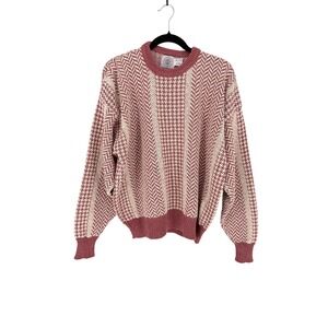 Cape Isle Knitters Sweater Herringbone Houndstooth Pink Cotton Vintage Grandma L
